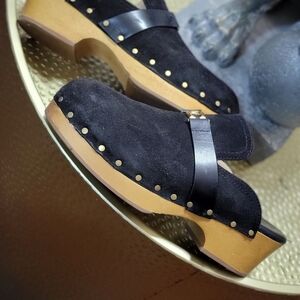 Coach Black Suede Clogs with Wooden Sole